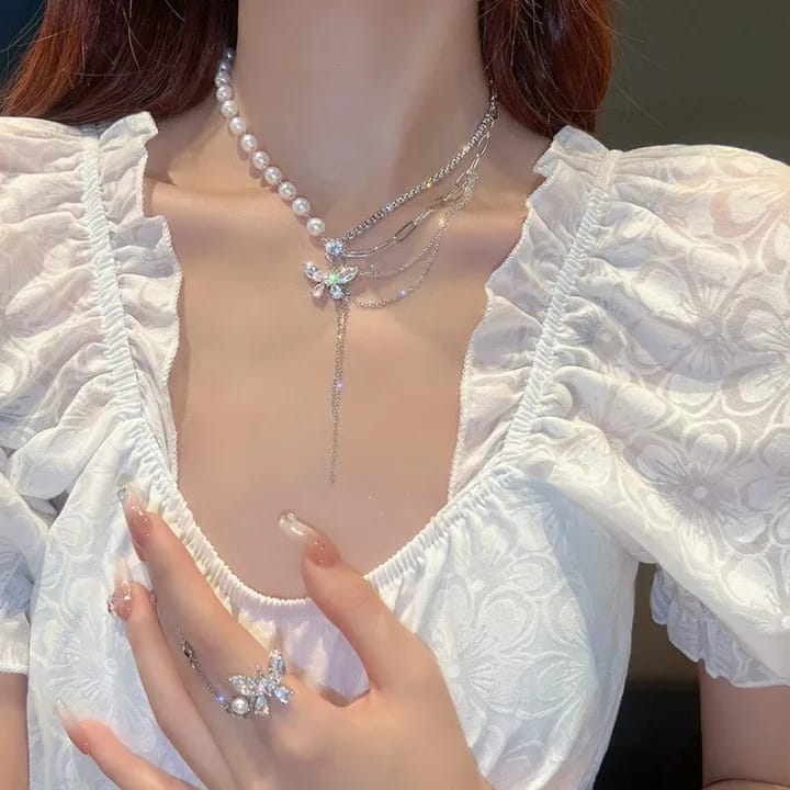 Pearl Butterfly Necklace and Ring Set