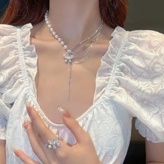 Pearl Butterfly Necklace and Ring Set