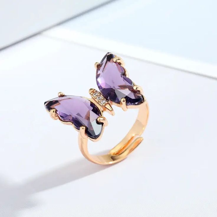 Crystal Purple Butterfly Adjustable Ring