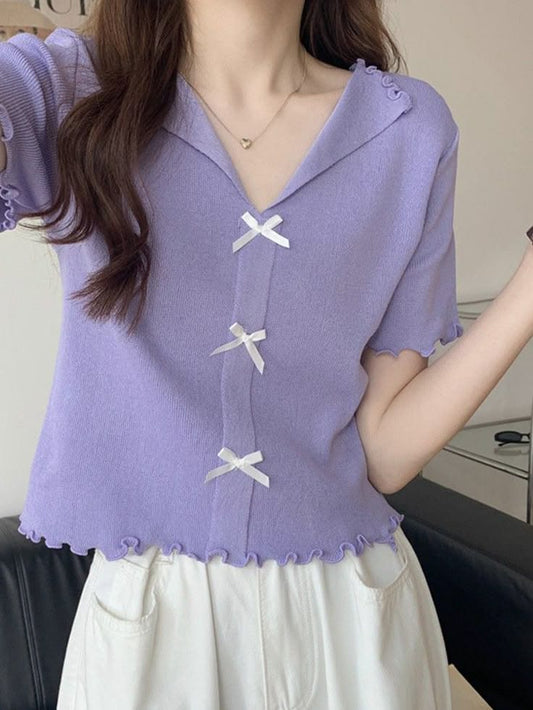 Purple Bow Tie Knit Top